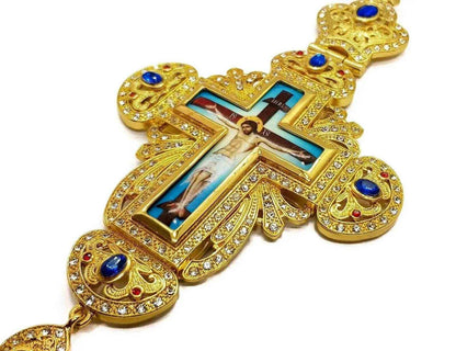Pectoral Cross Blue Crystals Pendant Christian Priest Crucifix