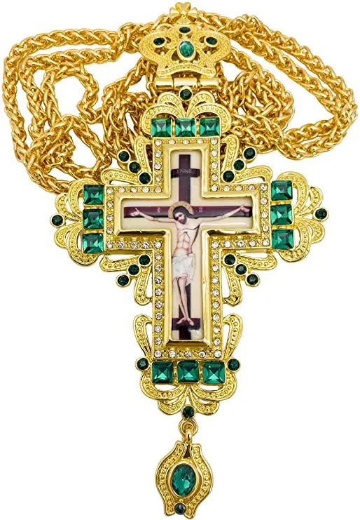 Pectoral Cross Green Zircons Crystallized Christian Priest Bishop Clergy Crucifix Pendant Necklace 21" in Gift Box Nazareth Store