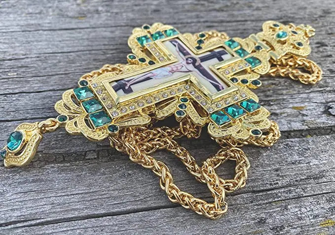 Pectoral Cross Green Zircons Crystallized Christian Priest Bishop Clergy Crucifix Pendant Necklace 21" in Gift Box Nazareth Store