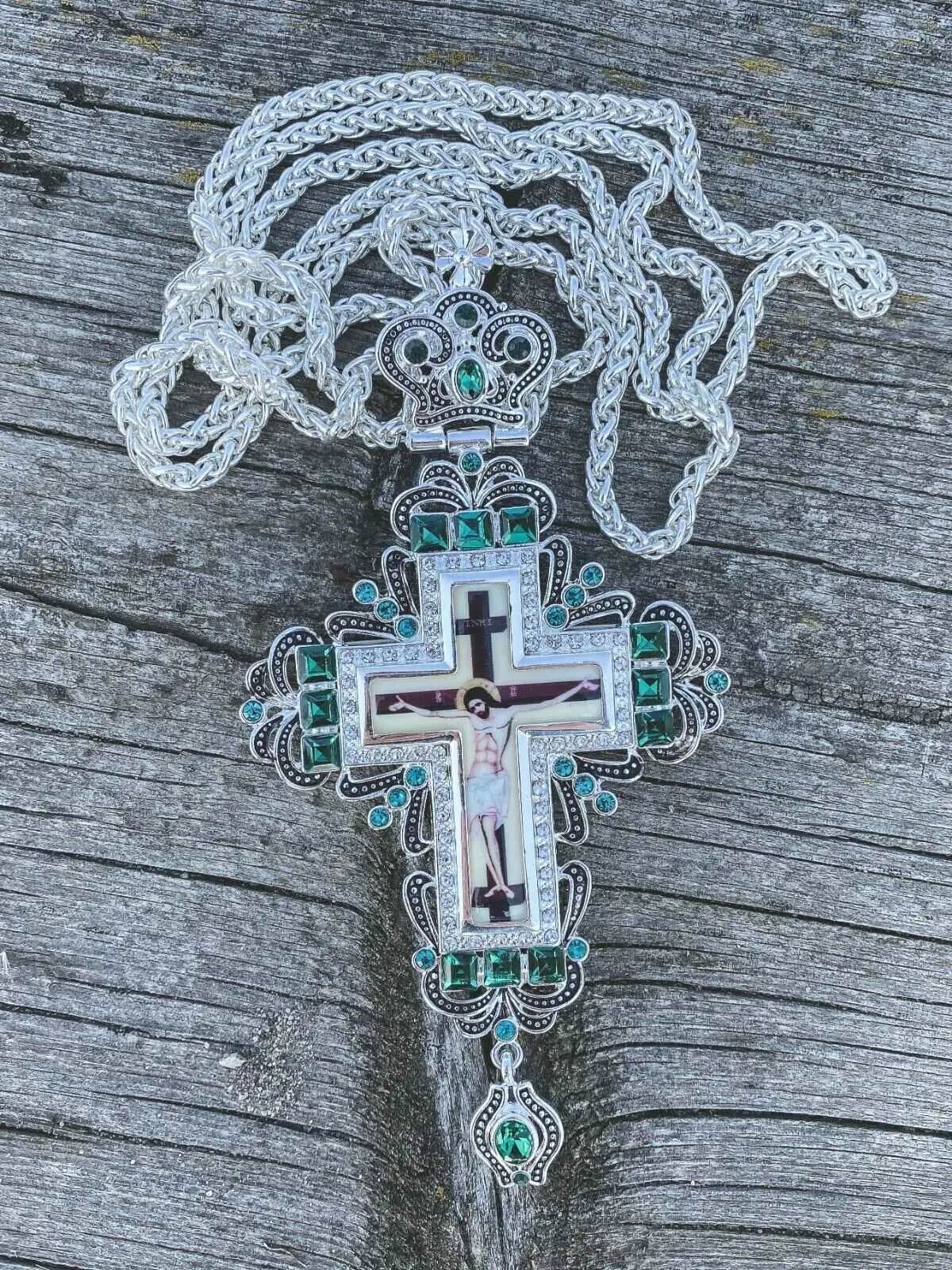 Green Crystallized Pectoral Cross Pendant Crucifix Clergy Jesus Priest Bishop - Nazareth Store