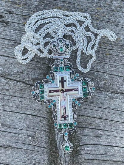 Green Crystallized Pectoral Cross Pendant Crucifix Clergy Jesus Priest Bishop Necklace - Nazareth Store