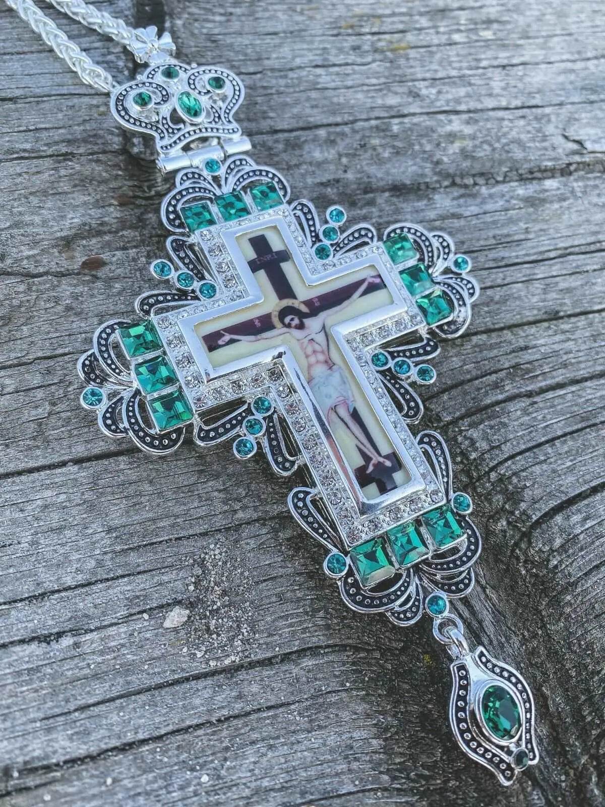 Green Crystallized Pectoral Cross Pendant Crucifix Clergy Jesus Priest Bishop - Nazareth Store