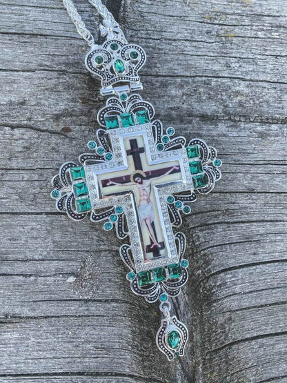 Green Crystallized Pectoral Cross Pendant Crucifix Clergy Jesus Priest Bishop Necklace - Nazareth Store