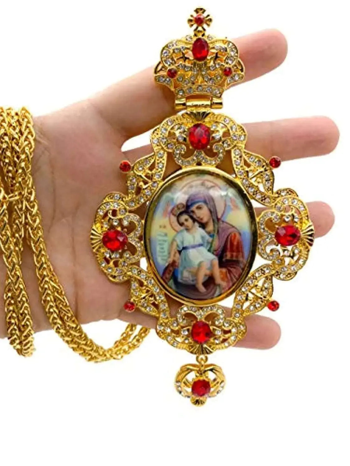 Pectoral Cross Necklace Virgin Mary and Jesus Icon Red Crystals Christian Priest Bishop Crucifix Nazareth Store