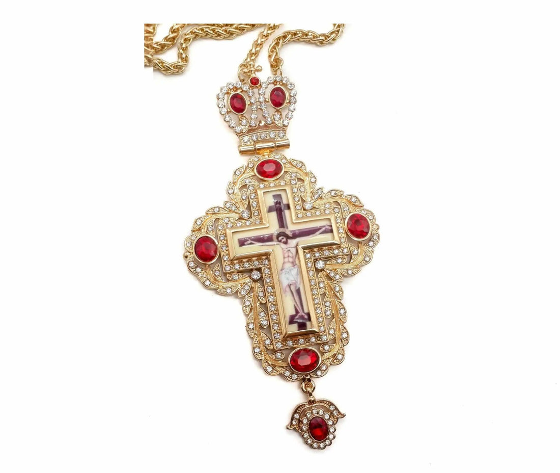 Pectoral Cross Red Zircons Crystallized Christian Priest Bishop Crucifix 5.9" Nazareth Store