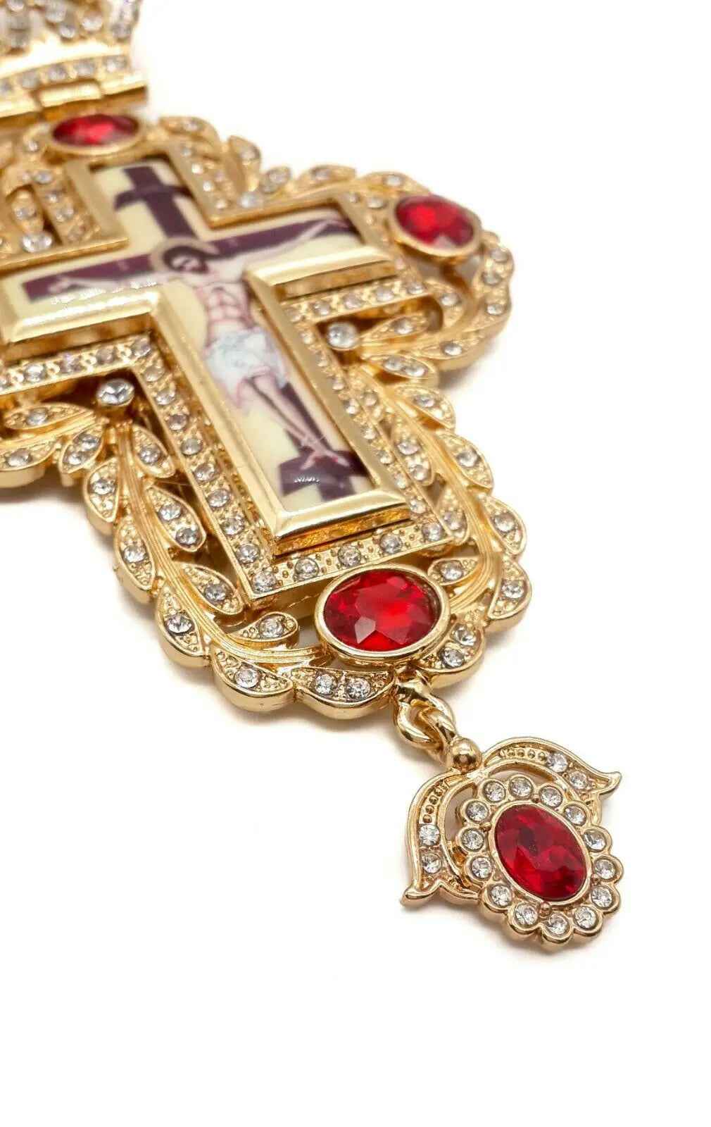 Pectoral Cross Red Zircons Crystallized Christian Priest Bishop Crucifix 5.9"