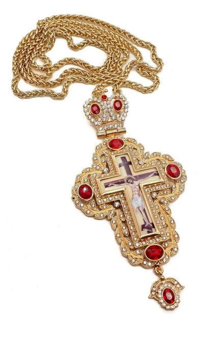 Pectoral Cross Red Zircons Crystallized Christian Priest Bishop Crucifix 5.9"