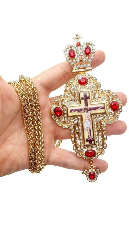 Pectoral Cross Red Zircons Crystallized Christian Priest Bishop Crucifix 5.9"