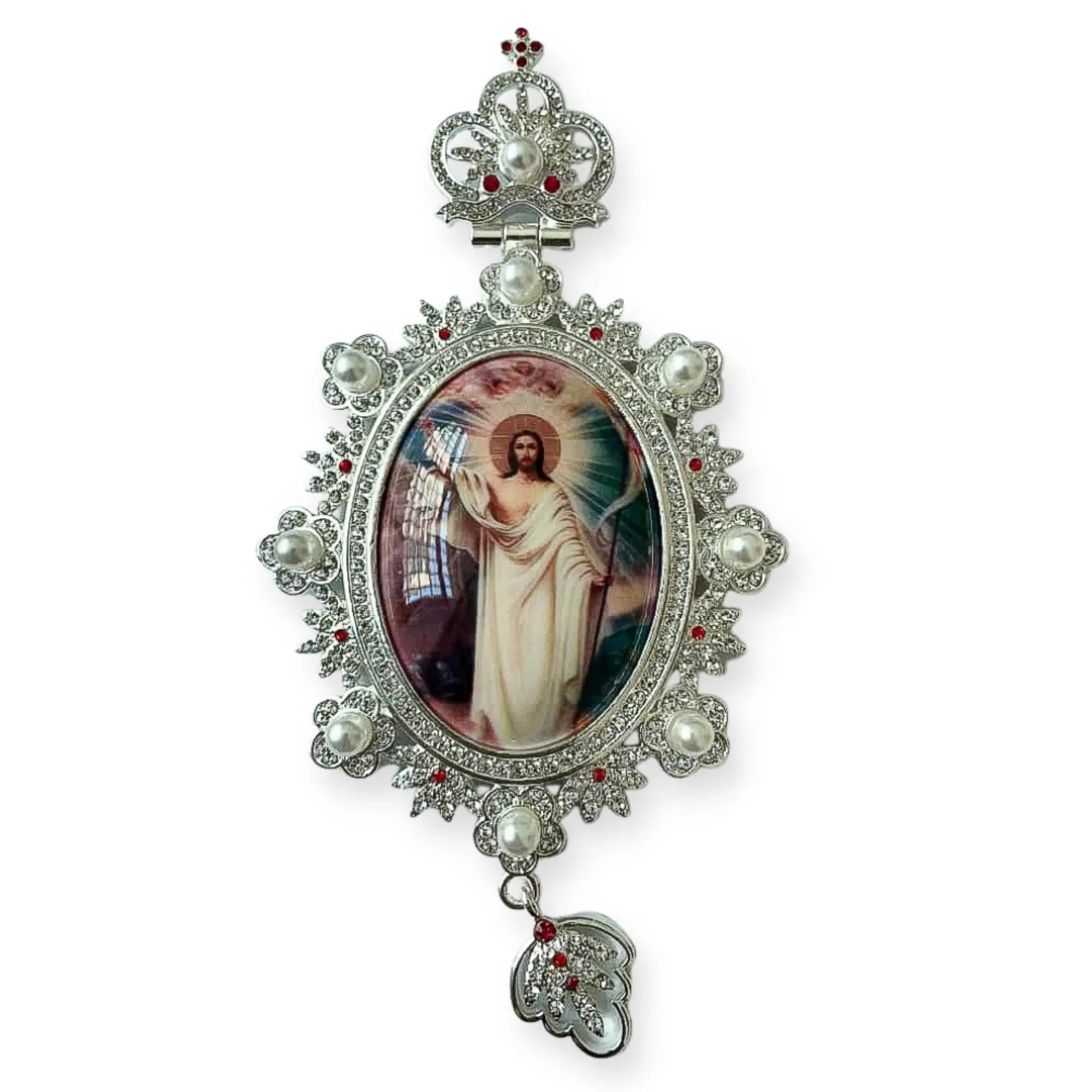 Pectoral Cross Resurrection of Jesus Silver Pendant White Pearl Crystallized Beads Relic Priest Bishop Clergy Chain Necklace 23" Nazareth Store