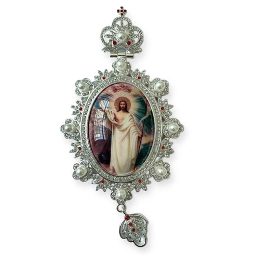 Pectoral Cross Silver Pendant White Pearl Crystallized Beads