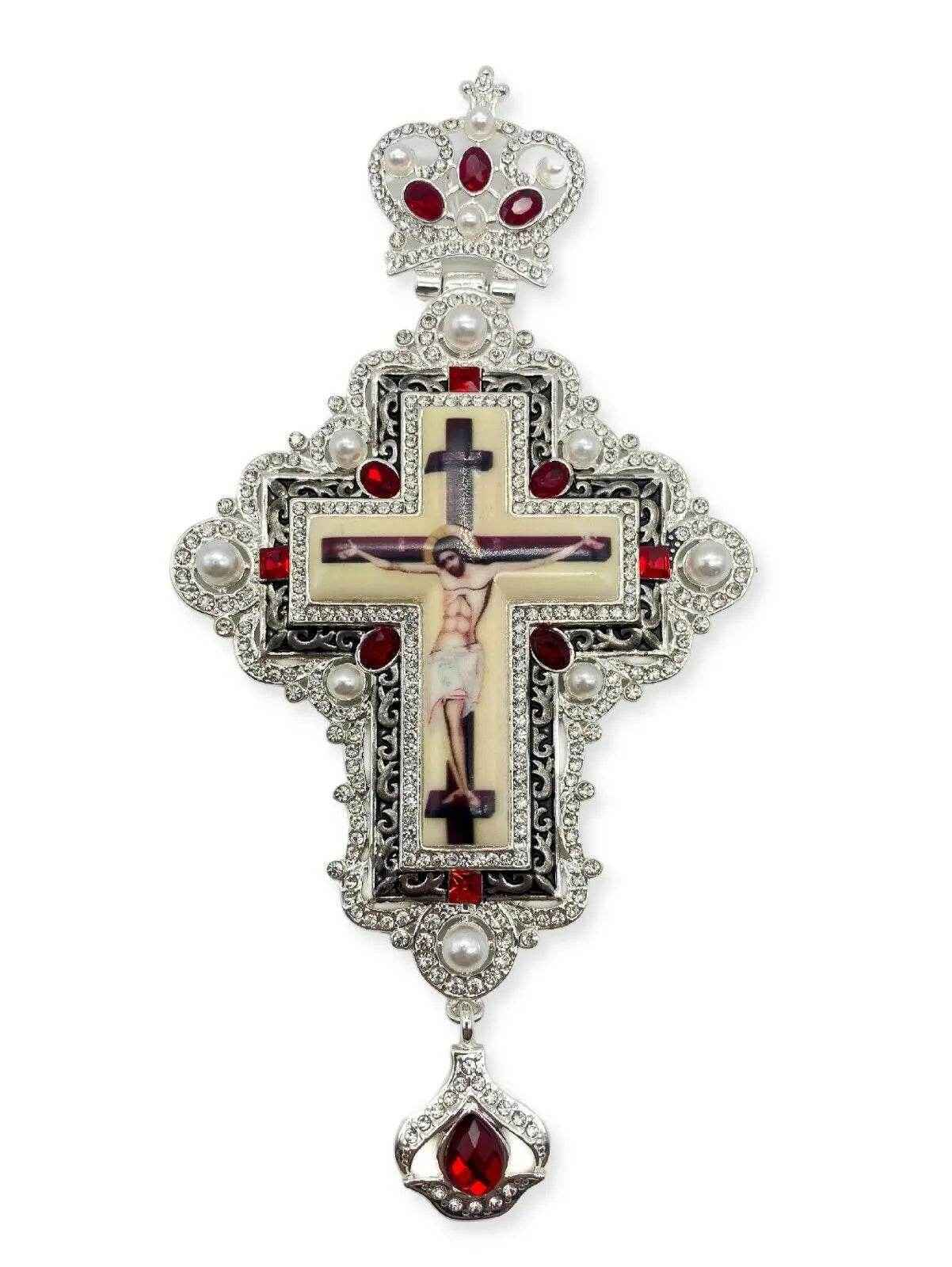 White Pearls & Red Crystallized Stone Pectoral Cross Pendant Priest Bishop Clergy - Nazareth Store