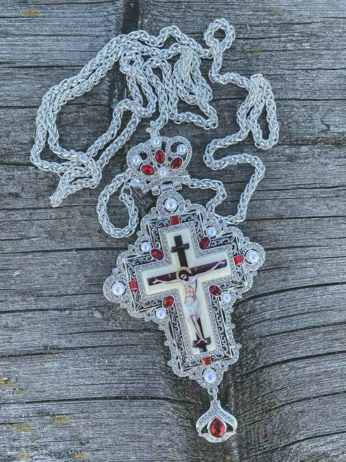 White Pearls & Red Crystallized Stone Pendant Pectoral Cross Priest Bishop Clergy