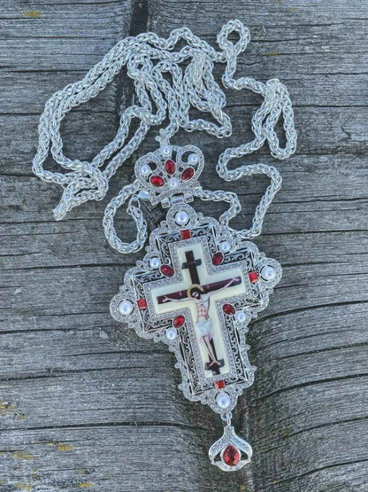 White Pearls & Red Crystallized Stone Pendant Pectoral Cross Priest Bishop Clergy