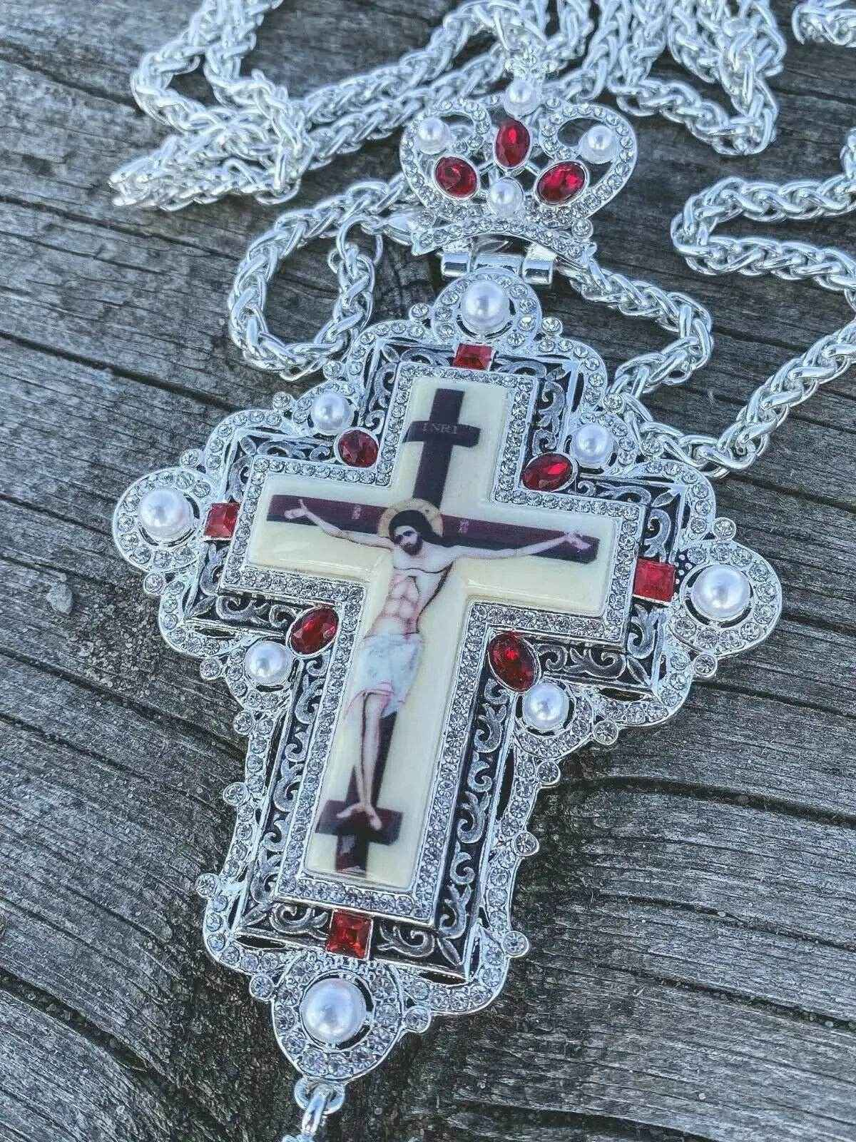 White Pearls & Red Crystallized Stone Pendant Pectoral Cross Priest Bishop Clergy