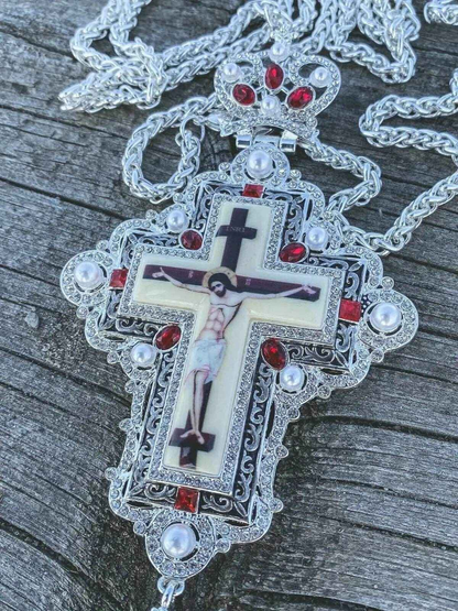 White Pearls & Red Crystallized Stone Pendant Pectoral Cross Priest Bishop Clergy