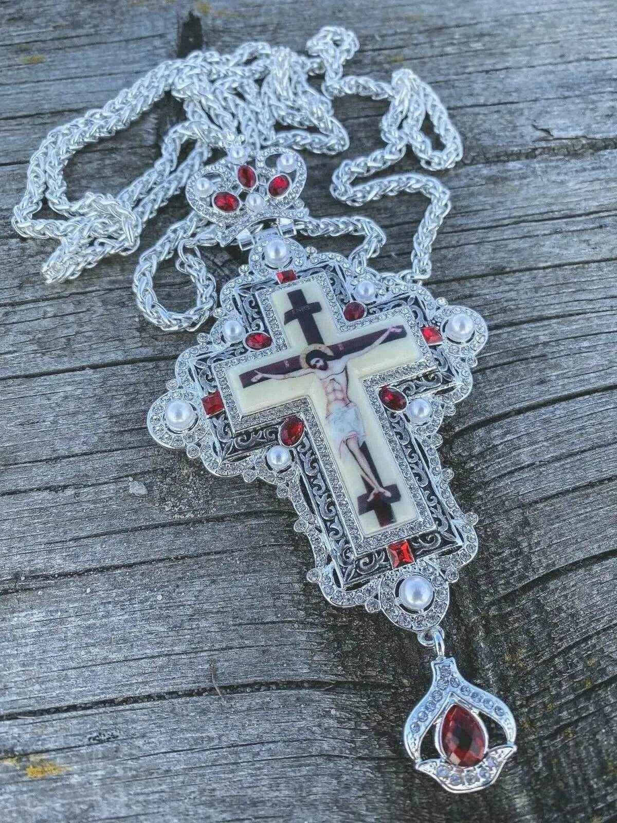 White Pearls & Red Crystallized Stone Pendant Pectoral Cross Priest Bishop Clergy