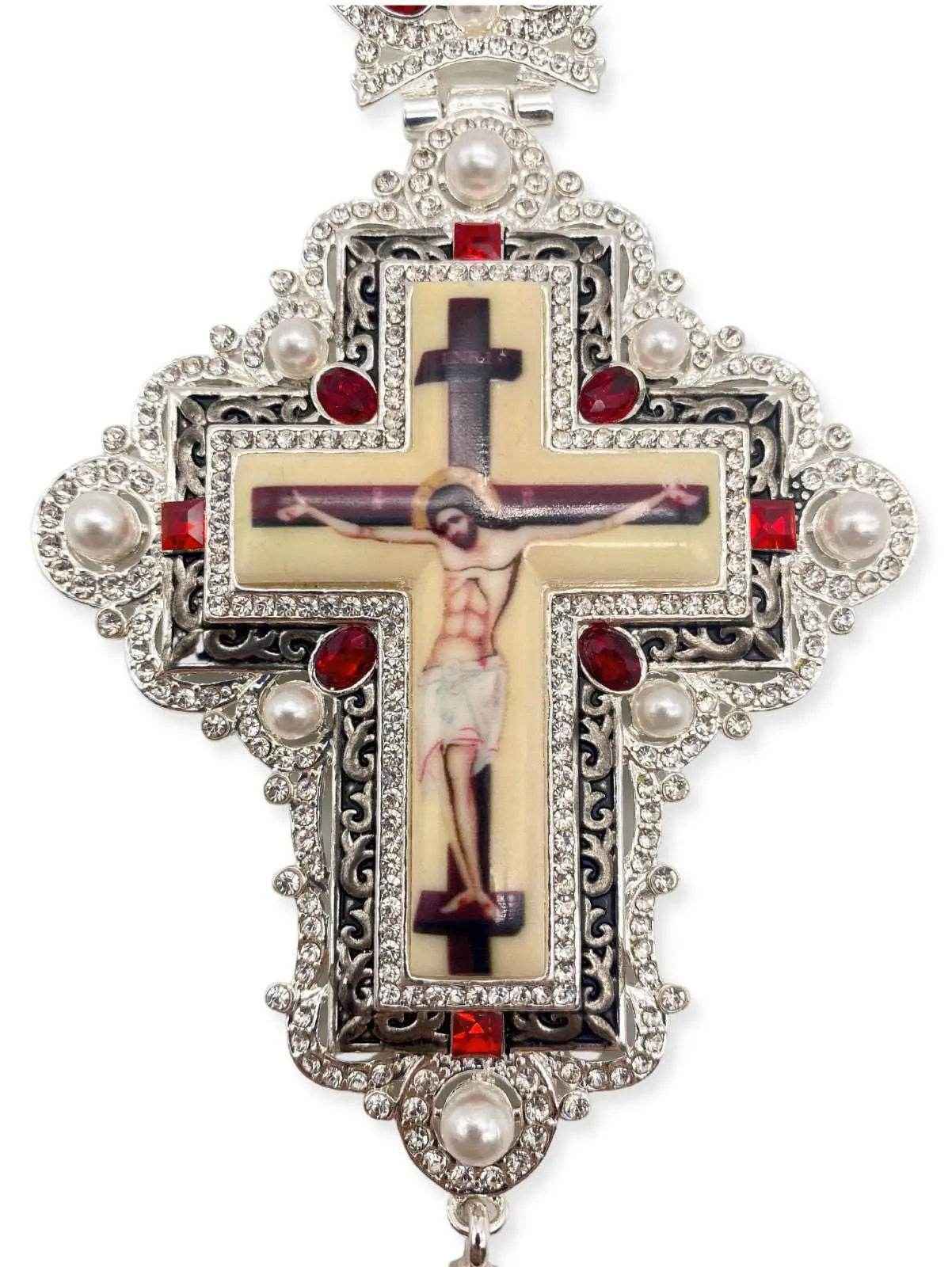 White Pearls & Red Crystallized Stone Pectoral Cross Pendant Priest Bishop Clergy - Nazareth Store