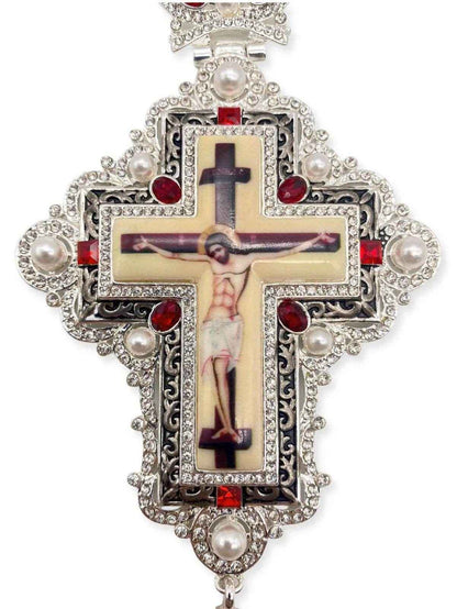 White Pearls & Red Crystallized Stone Pectoral Cross Pendant Priest Bishop Clergy - Nazareth Store