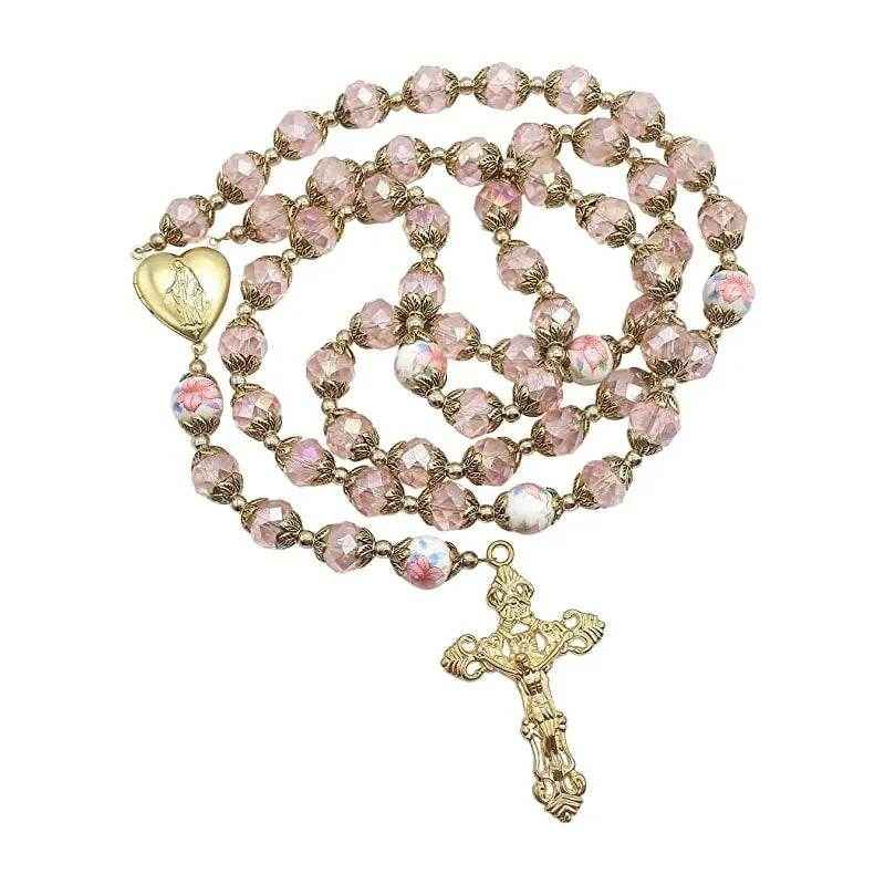 Pink Crystal Rosary Gold Flowers Beads Beaded Chaplet Necklace