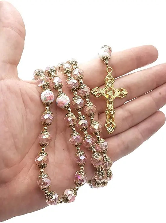 pink crystal rosary  Gold Flowers - Nazareth Store