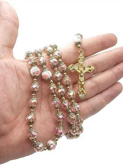 Pink Crystal Rosary Necklace Gold Flower Prayer Beads with Holy Mary Heart Locket Medal & Cross Crucifix - Nazareth Store
