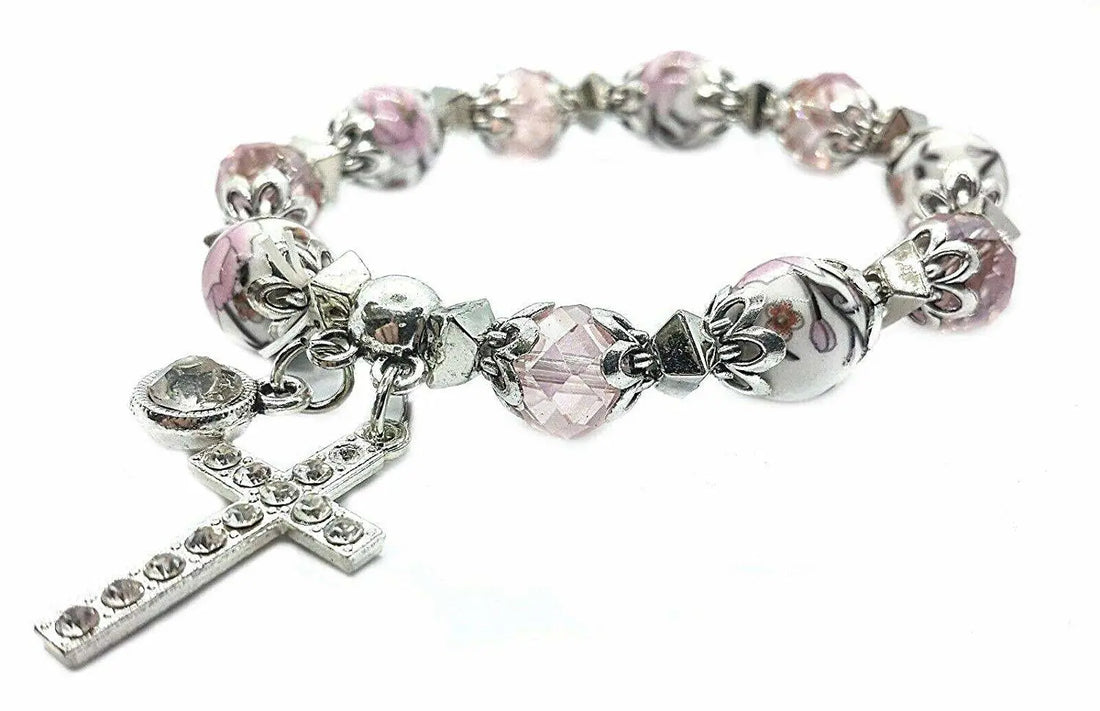 Pink Crystals Beads Cross Bracelet Christian Classic Beaded Bangle Nazareth Store