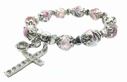 Pink Crystals Rosary Beads Bracelet Christian Classic Beaded Bangle with Cross - Nazareth Store