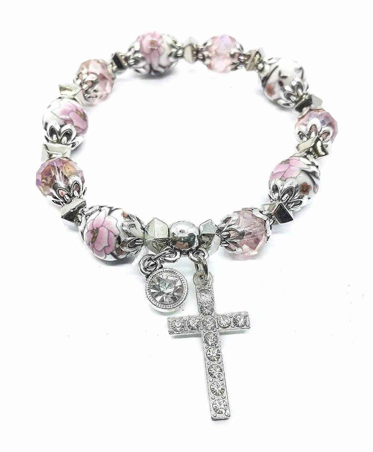 Pink Crystals Rosary Beads Bracelet Christian Classic Beaded Bangle with Cross - Nazareth Store