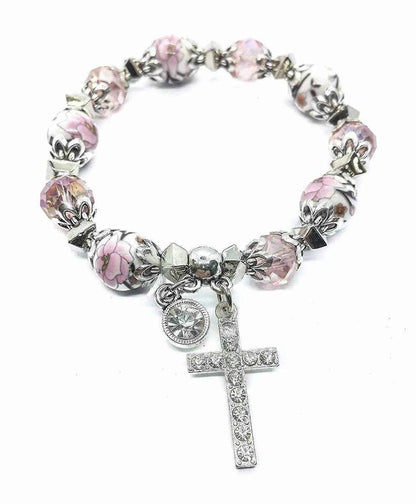 Pink Crystals Rosary Beads Bracelet Christian Classic Beaded Bangle with Cross - Nazareth Store