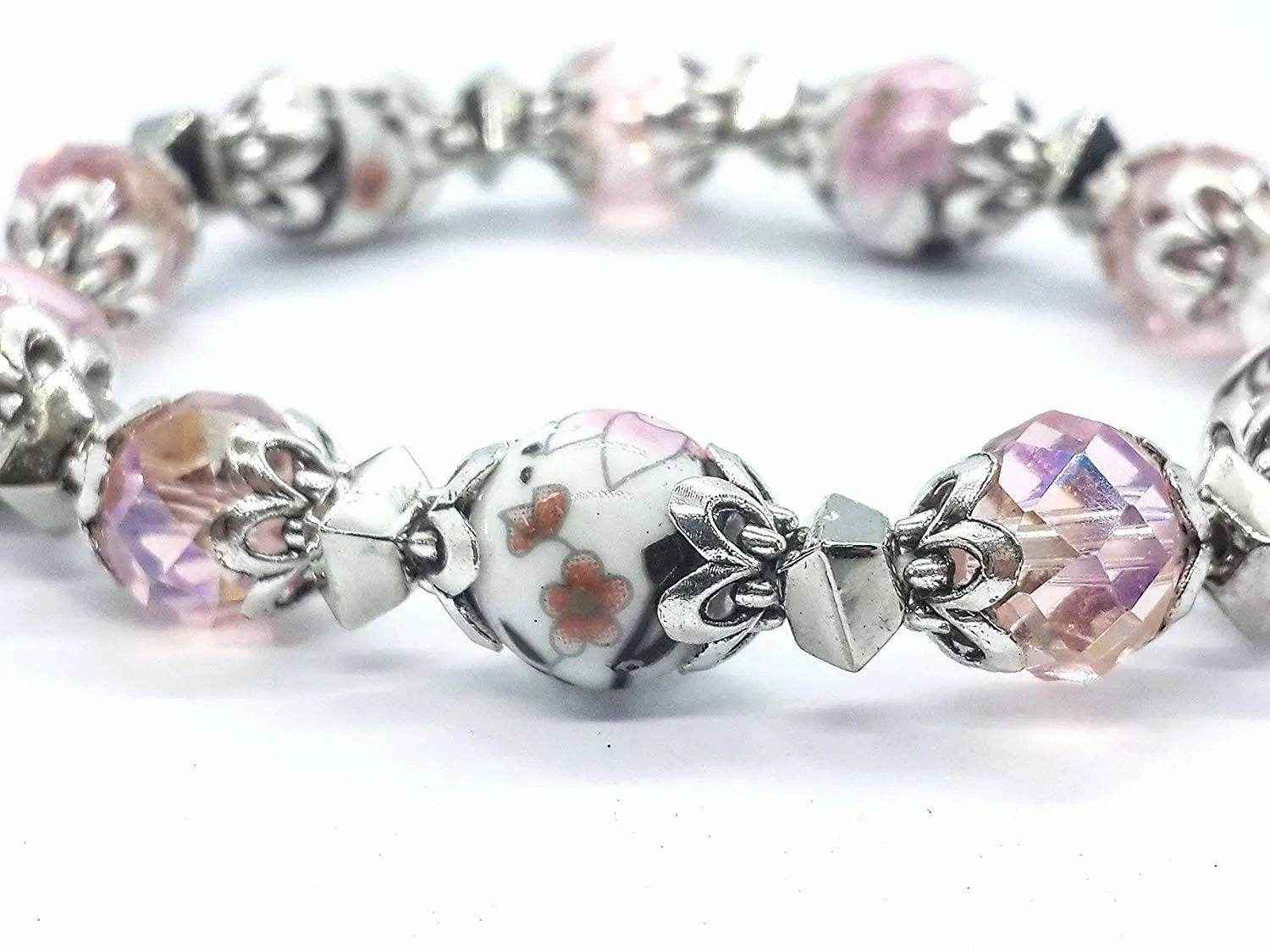 Pink Crystals Rosary Beads Bracelet Christian Classic Beaded Bangle with Cross - Nazareth Store