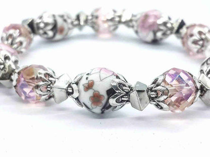 Pink Crystals Rosary Beads Bracelet Christian Classic Beaded Bangle with Cross - Nazareth Store