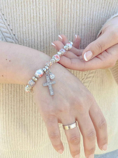 Pink Crystals Rosary Beads Bracelet Christian Classic Beaded Bangle with Cross - Nazareth Store