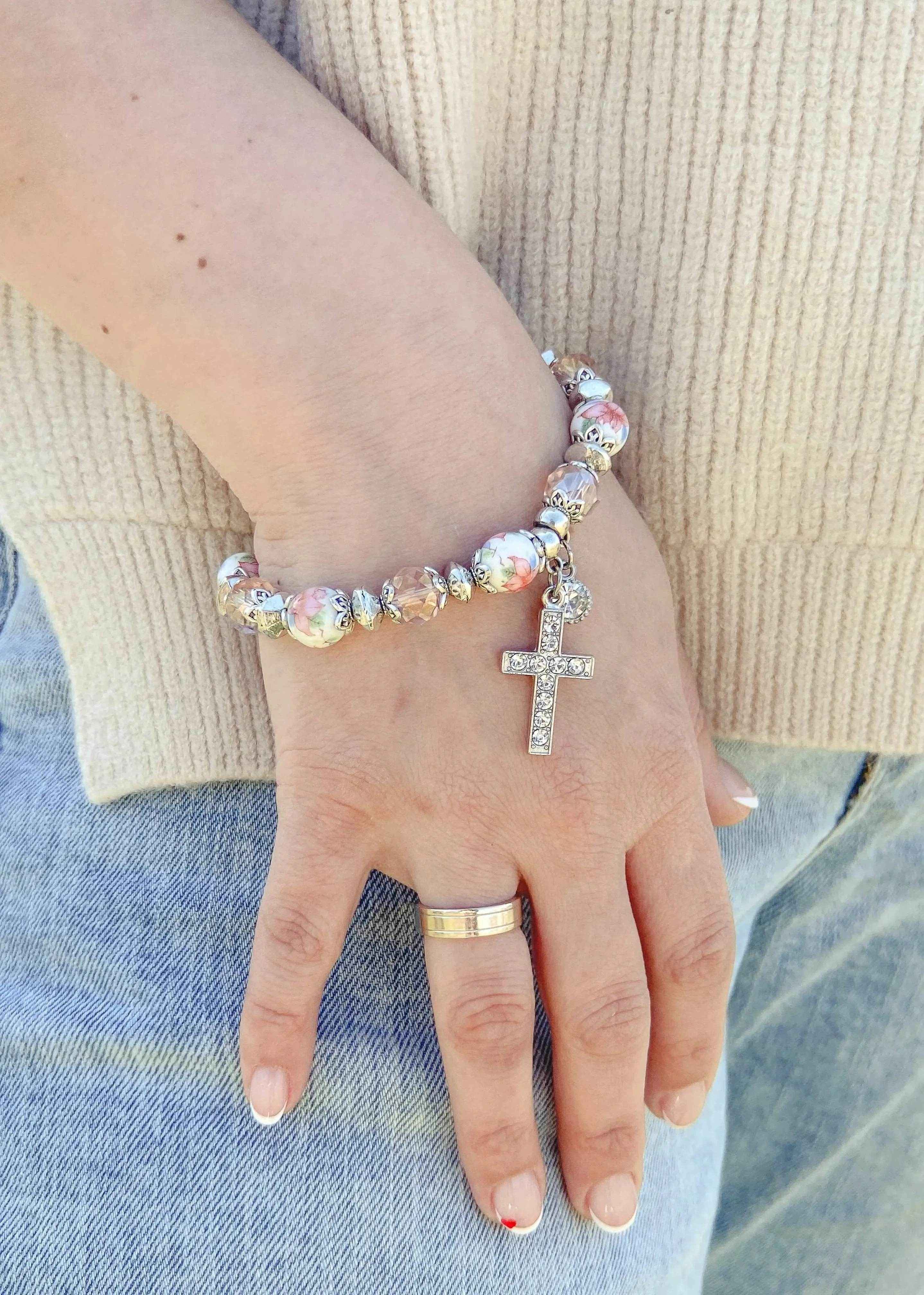 Pink Crystals Beads Cross Bracelet Christian Classic Beaded Bangle