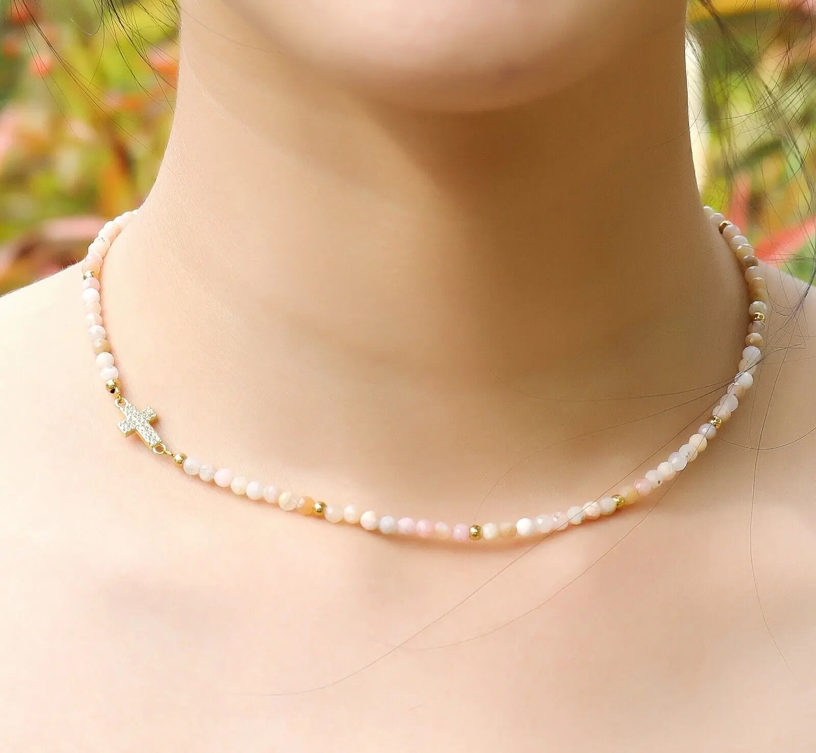 Pink Opal Beads Gemstones Women Necklace Choker with Cross Faith Necklace 15