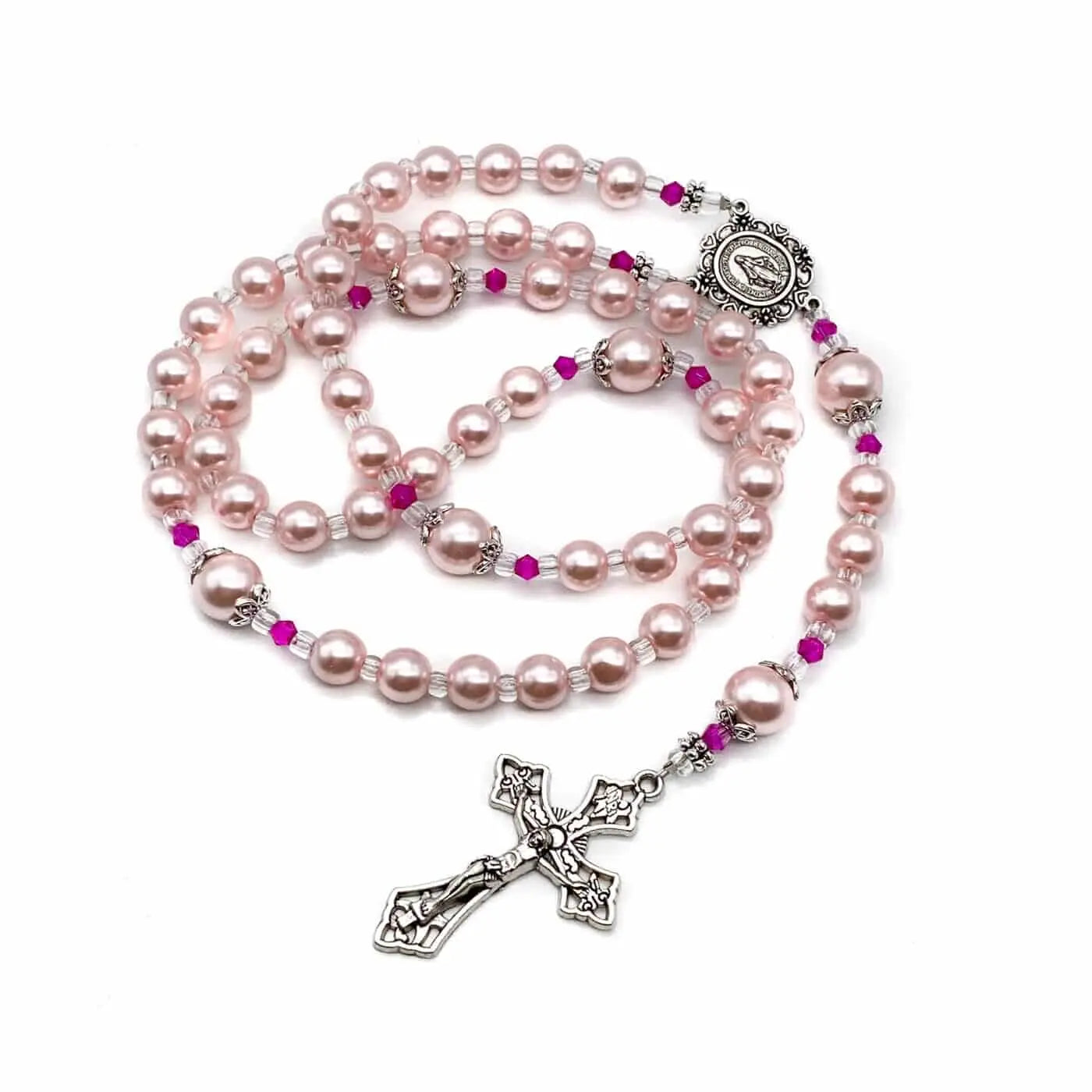 Pink Pearl Beads Rosary Catholic Necklace Miraculous Medal Cross Crucifix 