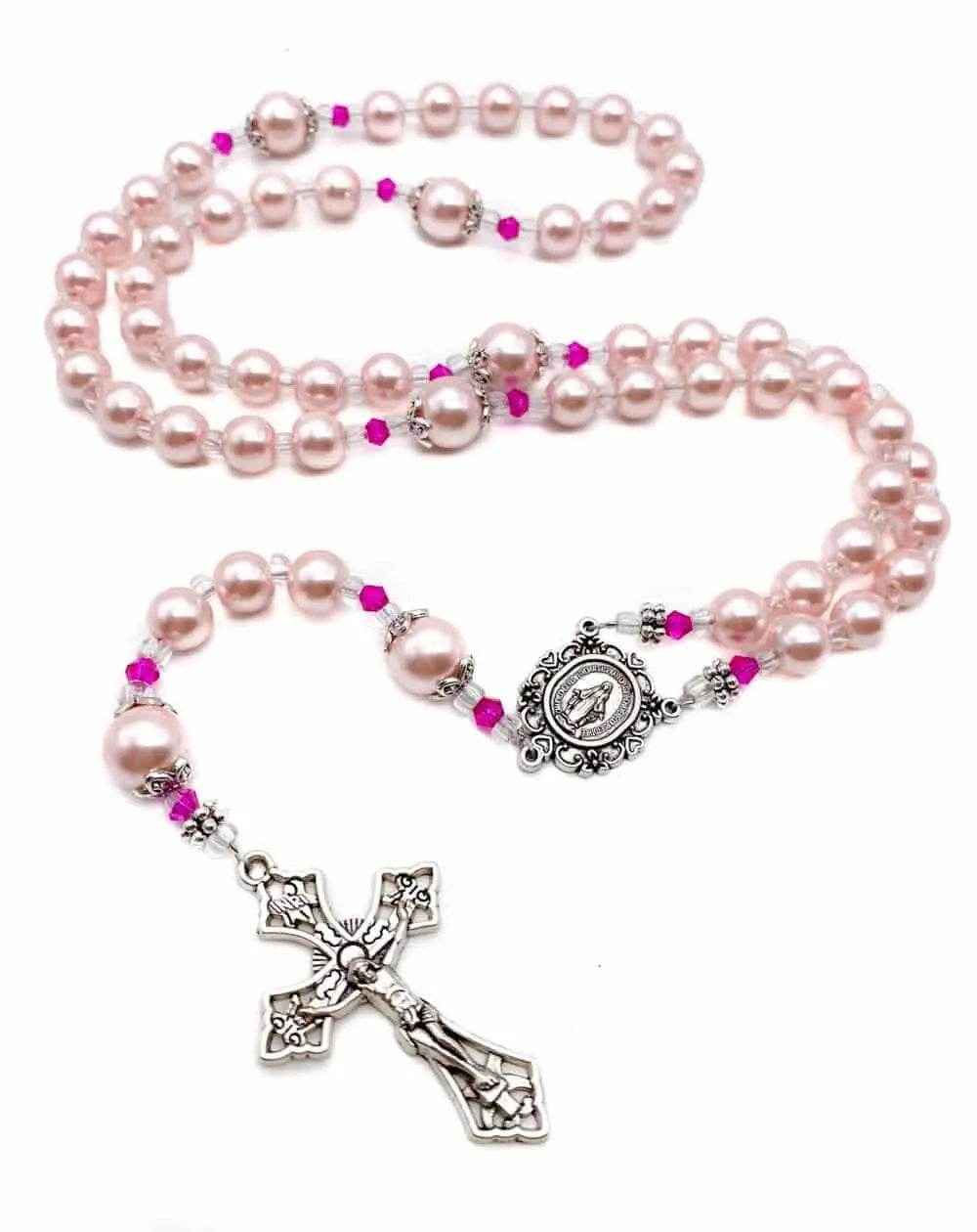 Pink Pearl Beads Rosary Catholic Necklace Miraculous Medal Cross Crucifix