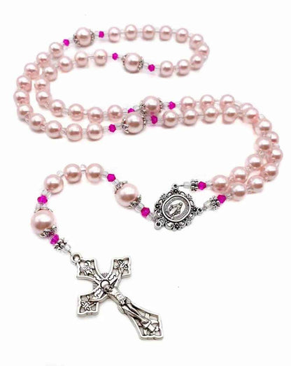 Pink Pearl Beads Rosary Catholic Necklace Miraculous Medal Cross Crucifix - Nazareth Store