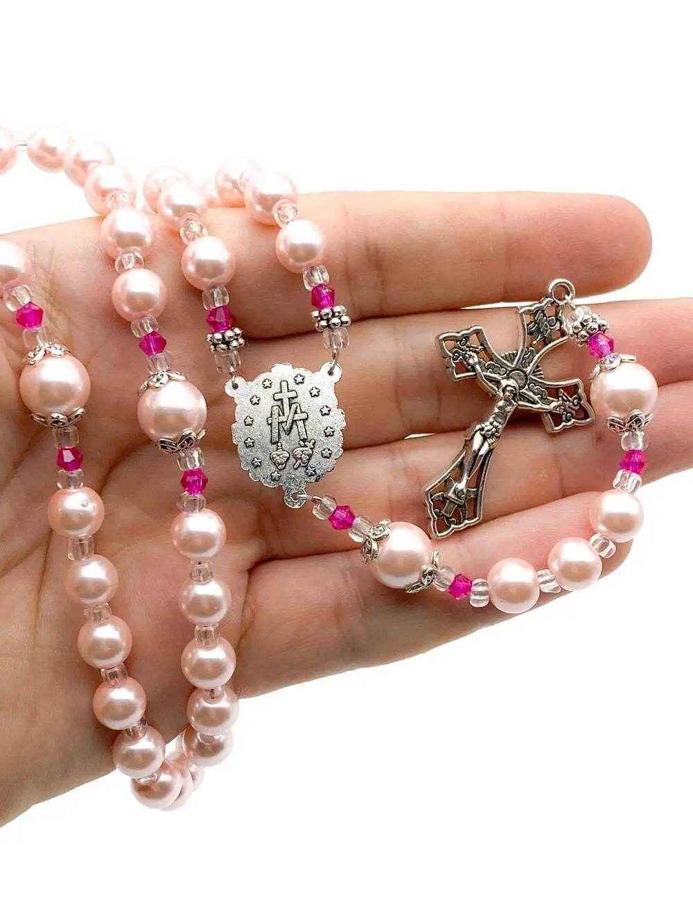 Pink Pearl Beads Rosary Catholic Necklace Miraculous Medal Cross Crucifix