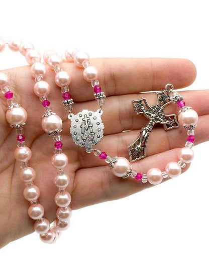 Pink Pearl Beads Rosary Catholic Necklace Miraculous Medal Cross Crucifix