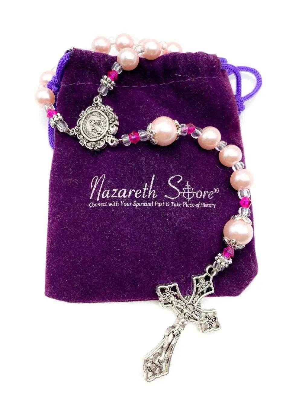 Pink Pearl Beads Rosary Catholic Necklace Miraculous Medal Cross Crucifix