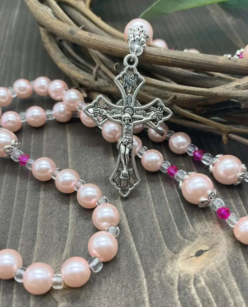 Pink Pearl Beads Rosary Catholic Necklace Miraculous Medal Cross Crucifix 