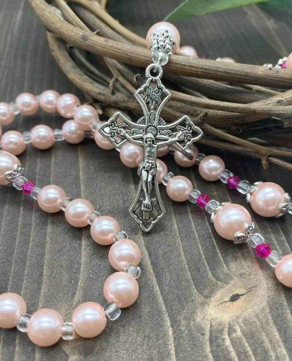 Pink Pearl Beads Rosary Catholic Necklace Miraculous Medal Cross Crucifix