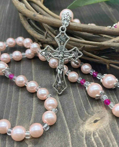 Pink Pearl Beads Rosary Catholic Necklace Miraculous Medal Cross Crucifix - Nazareth Store