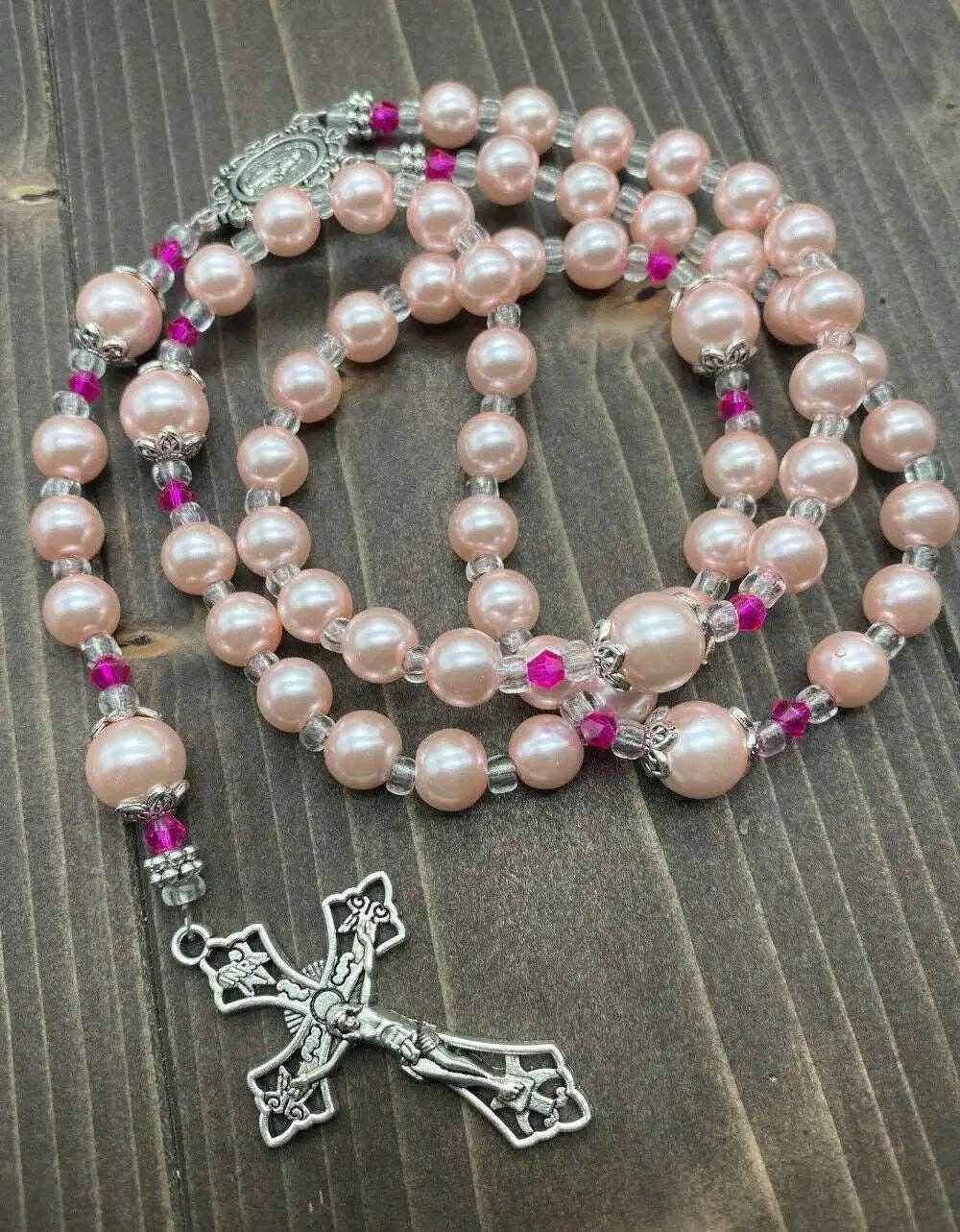Pink Pearl Beads Rosary Catholic Necklace Miraculous Medal Cross Crucifix