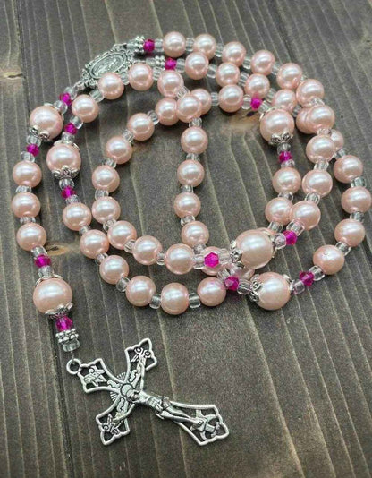 Pink Pearl Beads Rosary Catholic Necklace Miraculous Medal Cross Crucifix