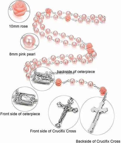 Pink Pearl Beads Rosary Necklace Our Rose Lourdes Medal - Velvet Bag - Nazareth Store