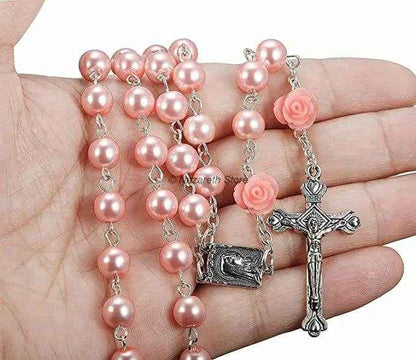 Pink Pearl Beads Rosary Necklace Our Rose Lourdes Medal - Velvet Bag