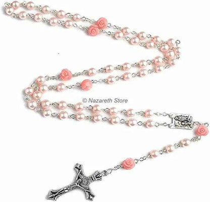 Pink Pearl Beads Rosary Necklace Our Rose Lourdes Medal - Velvet Bag