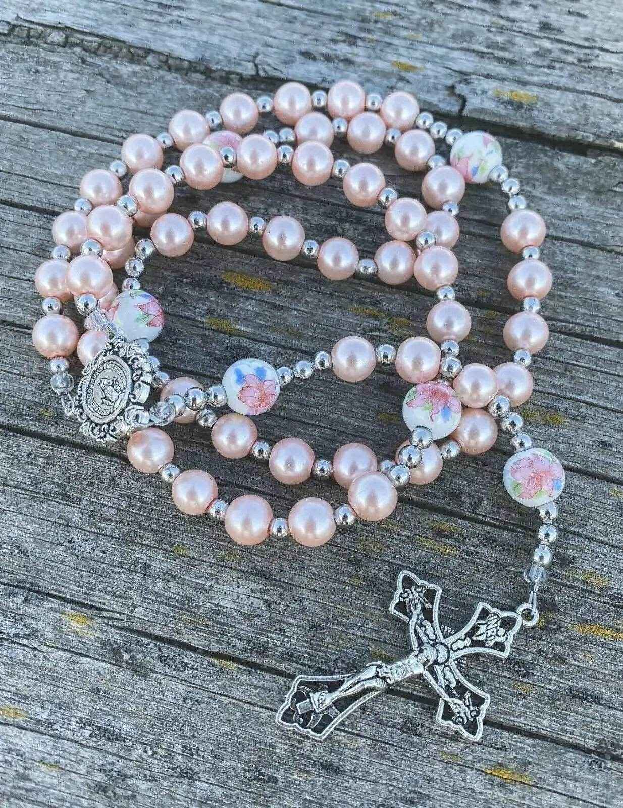 Pink Pearl Rosary Beads Miraculous Medal & Cross Crucifix