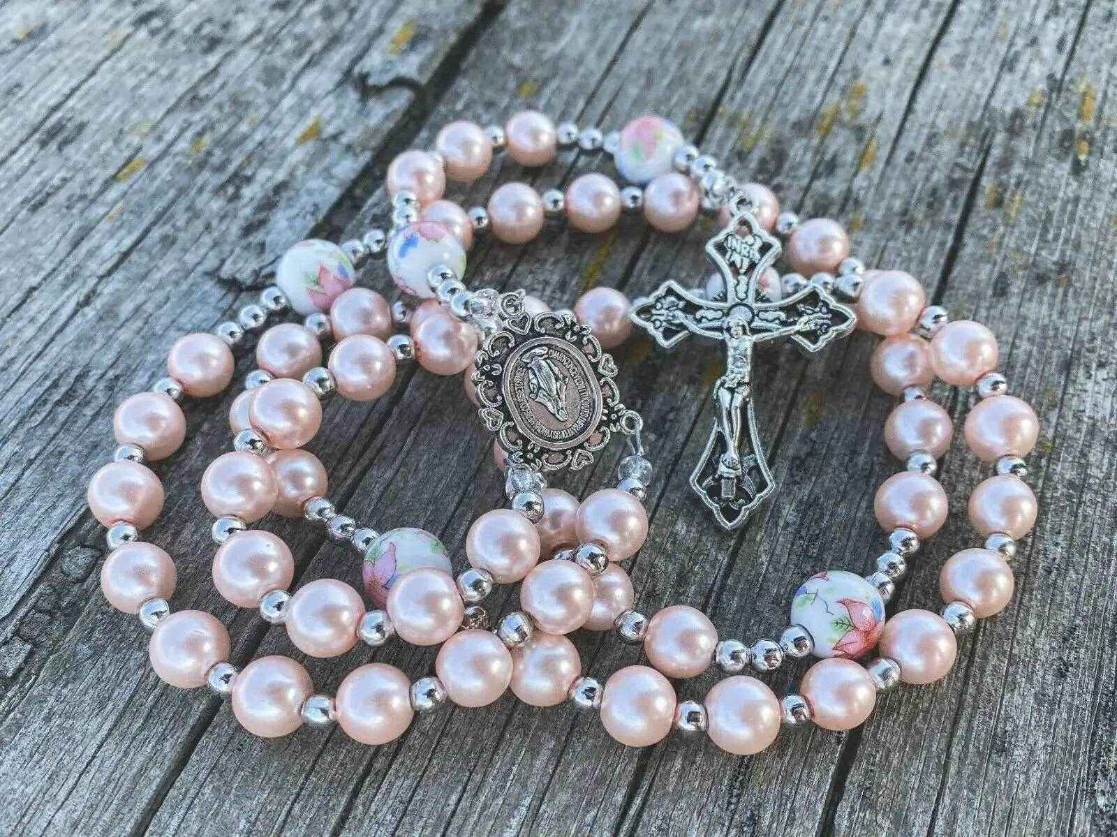 Pink Pearl Rosary Beads Miraculous Medal & Cross Crucifix